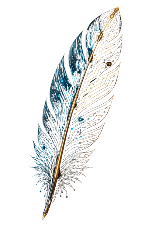 A feather drawn in glowing blue and gold circuit traces