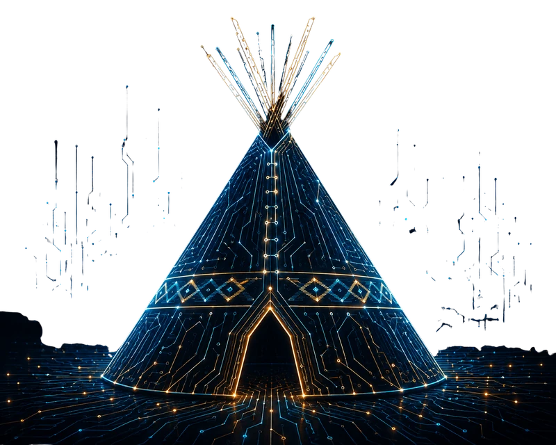 A tipi drawn in glowing blue and gold circuit lines