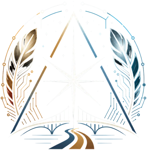 SkyBridge emblem: a star within a triangle, framed by two feathers, above a bridge and a winding path